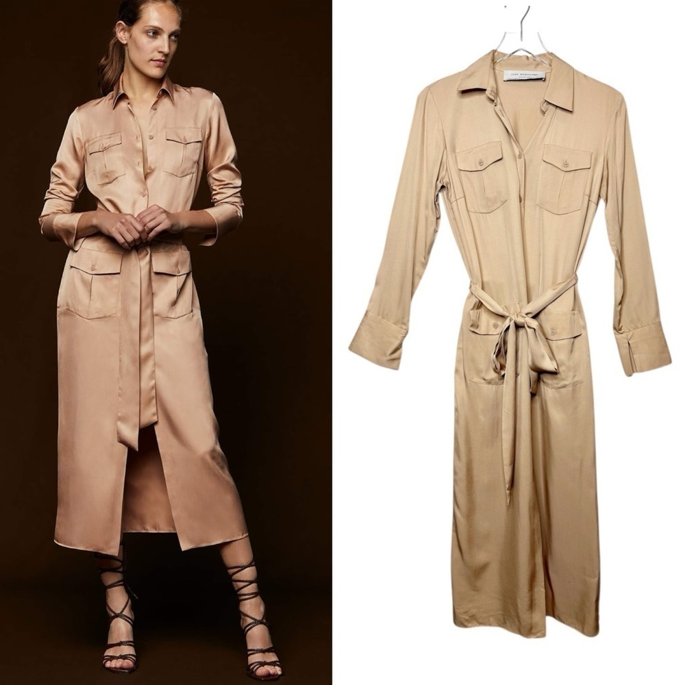 Zara Studio Tan Trench Safari Button Women’s Silky Midi Long Sleeve Dress Sz XS